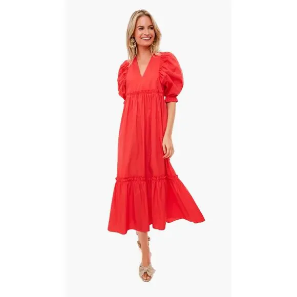 Hunter Bell Palmer Midi Maxi Puff Sleeve Ruffle Dress Cherry Red Tuckernuck - Picture 3 of 11